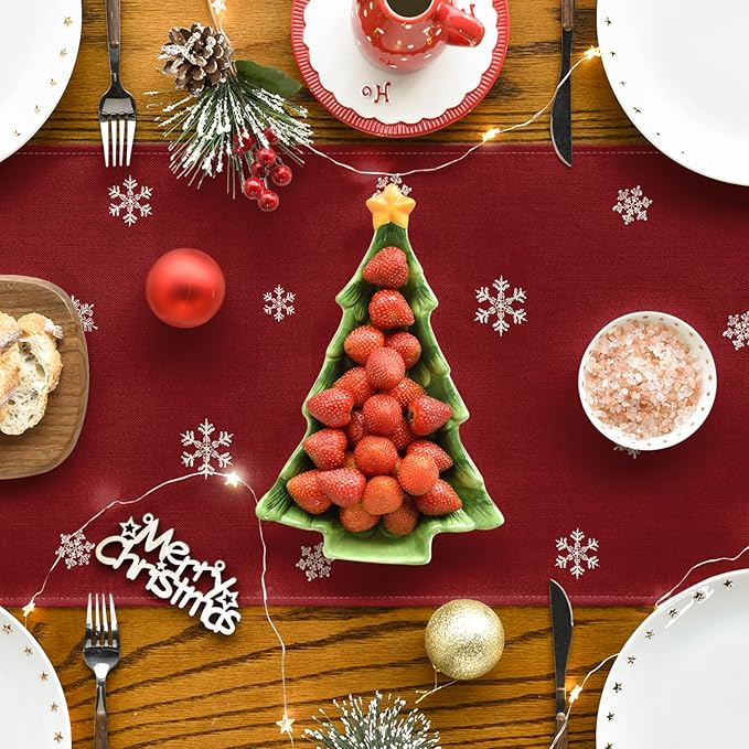 Artoid Mode Xmas Trees Snowflakes Red 210 GSM Merry Christmas Table Runner, Winter Kitchen Dining Table Decoration for Home Party Decor 13x36 Inch