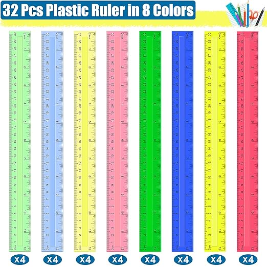 12 Inch Plastic Rulers, 32 PCS Transparent Assorted Color Metric Bulk Rulers with Inches Centimeters Millimeter. Measuring Drawing Tool for Kids, Ideal Back to School Office Home Supplies