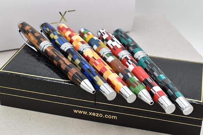 Xezo Urbanite II Twist Action Ballpoint Pen, Medium Point. Jazzy Multicolor Checkered Acrylic on Brass. Chrome Plated. Handcrafted, Limited Edition, Serialized