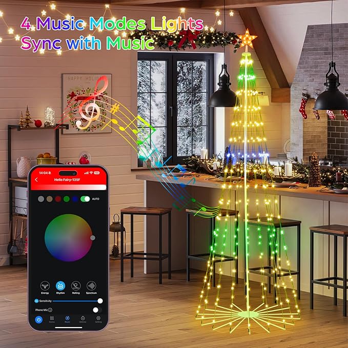 9FT Smart Christmas Tree Lights with Ball Ornaments, App & Remote Control, 316 RGB Color Changing LED Cone Tree Lights, Music Sync, Custom Light Show, Waterproof Decoration for Xmas, New Year, Parties