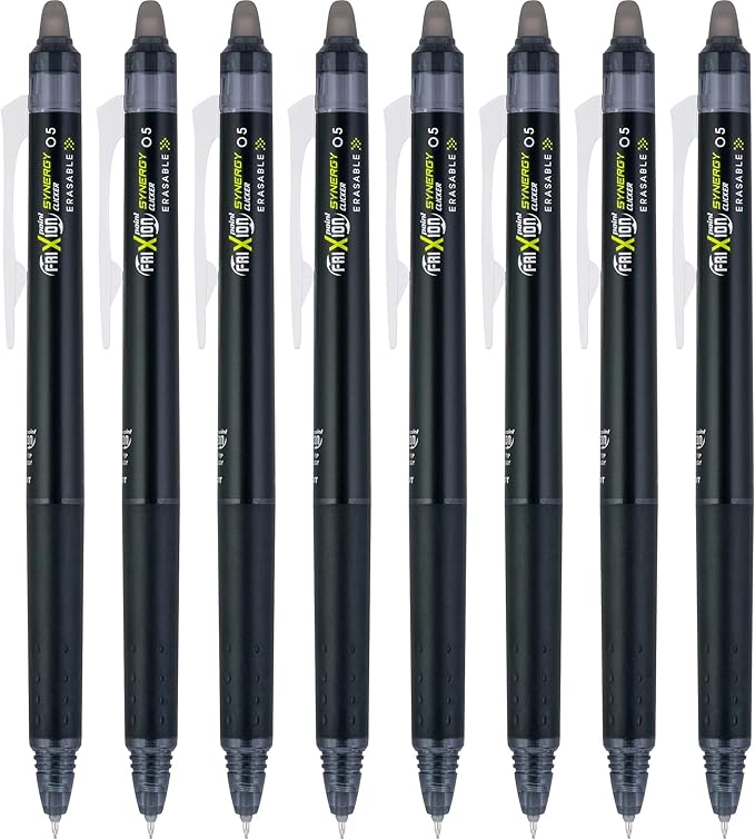 Pilot, FriXion Synergy Clicker Erasable, Refillable, Retractable Gel Ink Pens, Extra Fine Point 0.5 mm, Pack of 8, Black