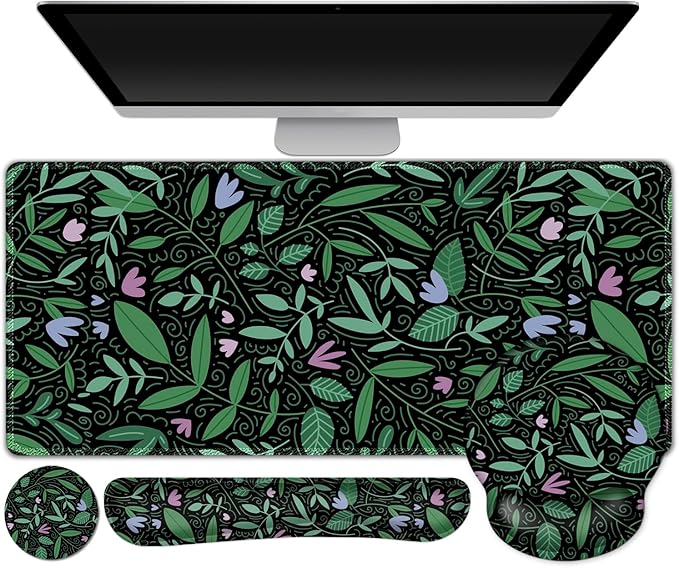 DINKY Keyboard Mouse Pad Set, Large Gaming Mousepad, Memory Foam Ergonomic Keyboard Wrist Rest Support, Extended Desk Mat Cushion pad for Office,Home, Green Leaves Plant