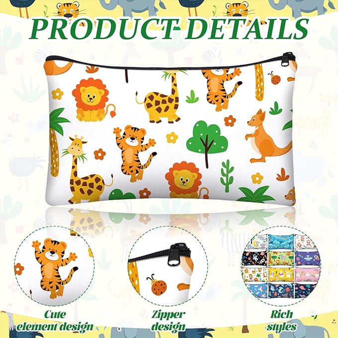 36 Pcs Cartoon Animal Pencil Case Bulk Cute Cartoon Pencil Pouch Multicolor Canvas Pen Bag Organizer with Zipper Stationery Back to School Supplies(Funny)