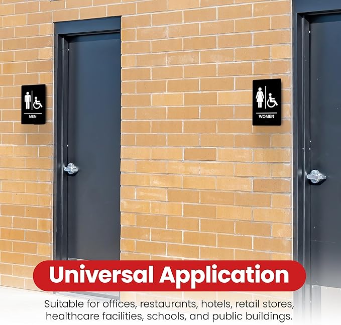 Promot Men and Women Handicap Restroom Sign – ADA Braille Bathroom Sign for Business, Self-Adhesive, 9" x 6", Commercial Door Signage, Office Wall Decor - Black