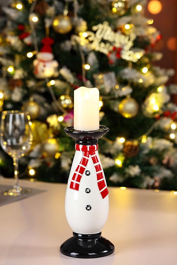 Set of 2 Christmas Hand-Painted Ceramic Large Candle Holders for Pillar Candles (Snowman)