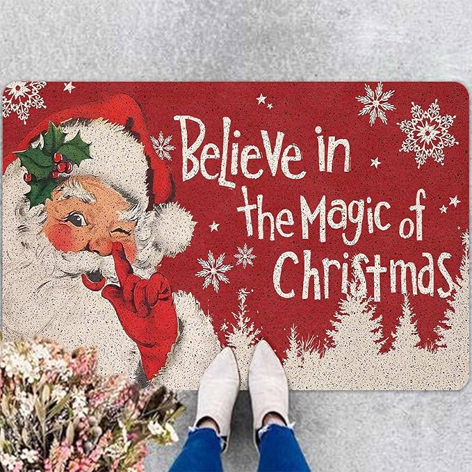 InterestPrint Merry Christmas Doormat Red Christmas Santa Claus Decorative Doormat Indoor Outdoor Entrance Xmas Winter Welcome Door Mat Anti-Slip Rubber for Seasonal Holiday Decortion, 16" x 24" Inch