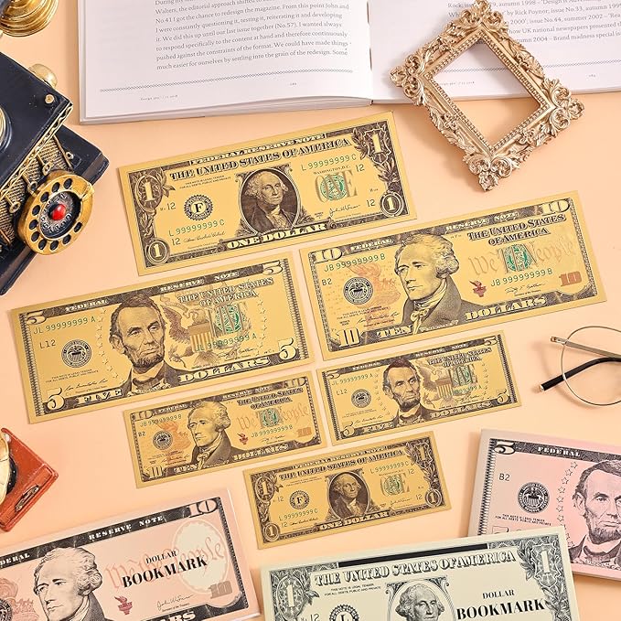 6 PCS Dollar Bill Bookmarks, Cool Waterproof Bookmark, Fancy Book Marks for Book Lovers Reading Women Writers Children, Birthday Gifts for Readers, Reading Accessories, Large & Small Sizes for Books