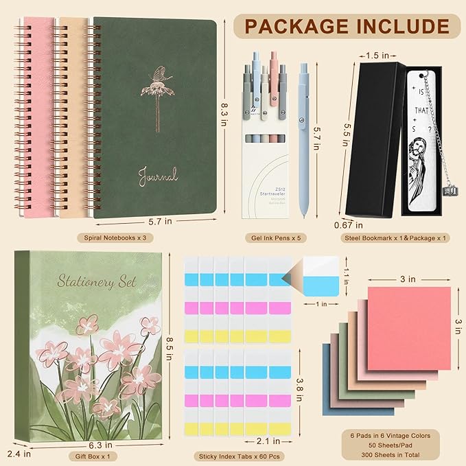 Stationery Set for Women, Journaling Kit, 3PCS A5 Spiral Notebooks, Gel Pens, Steel Bookmark, Sticky Notes & Tabs, Gift Box - Aesthetic Gift Set for Work Students School Office Supplies