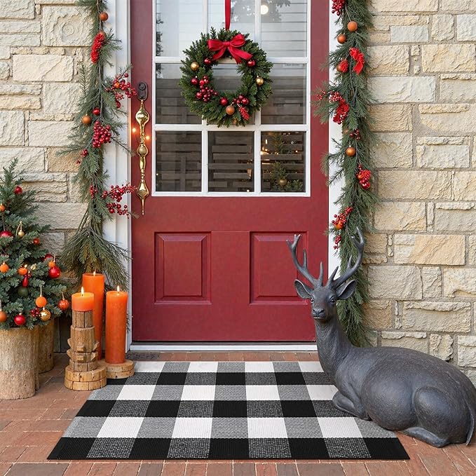 KIMODE Front Door Mat Buffalo Plaid Outdoor Rug 24"x35" Black and White Checkered Rug Farmhouse Front Porch Rug Decor Cotton Woven Washable Layered Doormats for Front Door Outdoor Entrance