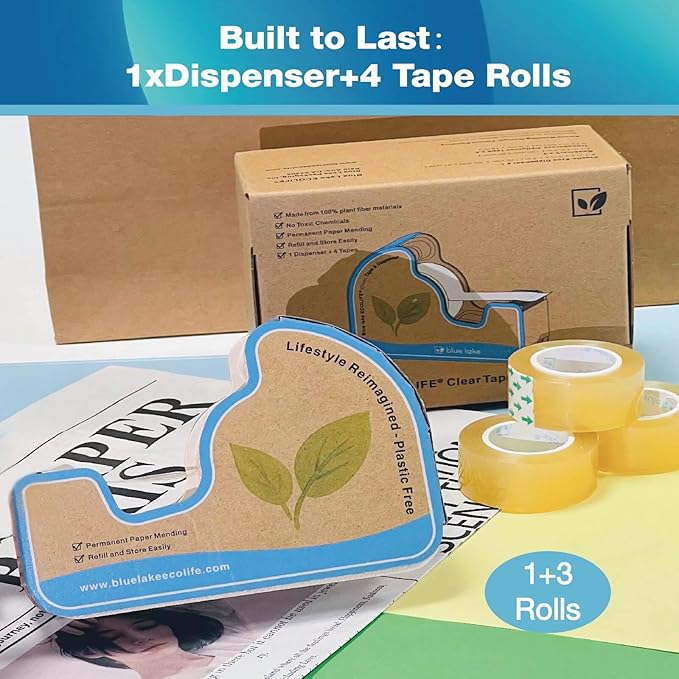 Blue Lake ECOLIFE Tape Dispenser Desk，Plastic-Free Tape Dispenser with 4 Rolls 3/4 in x 640 in Transparent Tape, Tape Dispenser Desk for Gift Wrapping, Office, Home, School