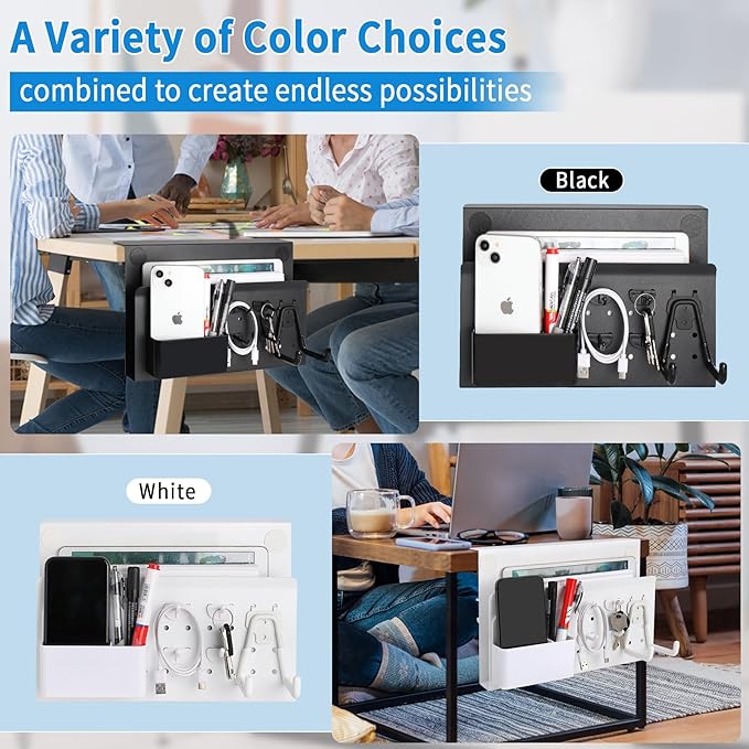 Desk Side Storage with Pen Holder & Hanging Hooks, No Drill Hanging Desk Organizer Under Desk Storage Mount, Clamp-On Laptop Holder Table Side Tray for Office and Home (White)