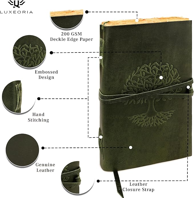 LUXEORIA Tree Of Life Leather Journal for Women and Men, Handcrafted Leather Journal for Writing Womens, Sketchbook, Travel Diary with Unlined Deckle Paper, Dark Green 8x13
