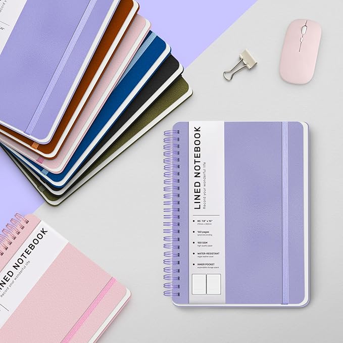 Lined Spiral Journal Notebook, B5 Hardcover Leather Notebook for Work, 7.8''×10'', 100GSM Thick Paper Spiral Bound Journaling Notebooks for Women & Men Office School Note Taking Business, Purple