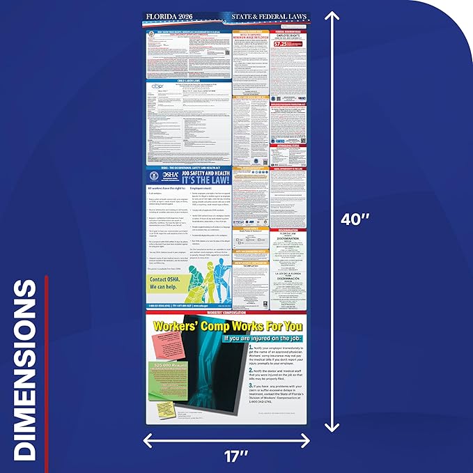 2026 Florida State and Federal Labor Law Poster - OSHA Workplace Compliant - Mandatory Regulations Posting for Employees - Required Compliance Posting 17" x 40" Laminated (English Pack of 3)