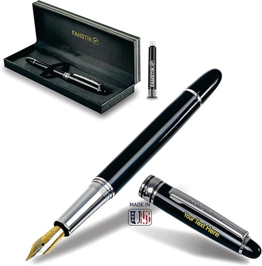 Customized Fountain pen with name (MADE IN USA), stainless steel, black and Silver, luxury engraved pen personalized for men and for women. (Fountain Black-Silver)