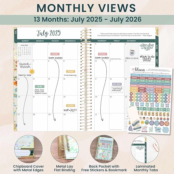 bloom daily planners HARDCOVER 2025-2026 Academic Year Day Planner (July 2025 - July 2026) - A5 Task Goal Organizer - Monthly & Weekly Inspirational Agenda Book - 5.5" x 8.25" - Garden Party, Beige