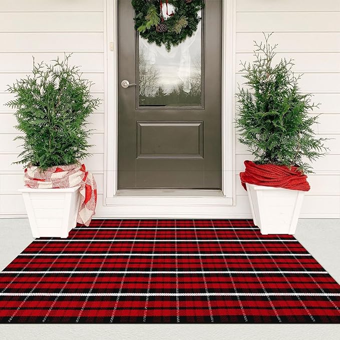 KIMODE Christmas Door Mat Outdoor 35"x59",Red and Black Buffalo Plaid Rug,Washable Cotton Hand-Woven Layered Door Mats,Reversible Outdoor Christmas Decor for Front Porch,Entryway,Kitchen