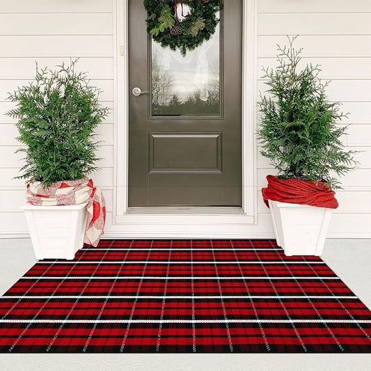 KIMODE Christmas Door Mat Outdoor 35"x59",Red and Black Buffalo Plaid Rug,Washable Cotton Hand-Woven Layered Door Mats,Reversible Outdoor Christmas Decor for Front Porch,Entryway,Kitchen
