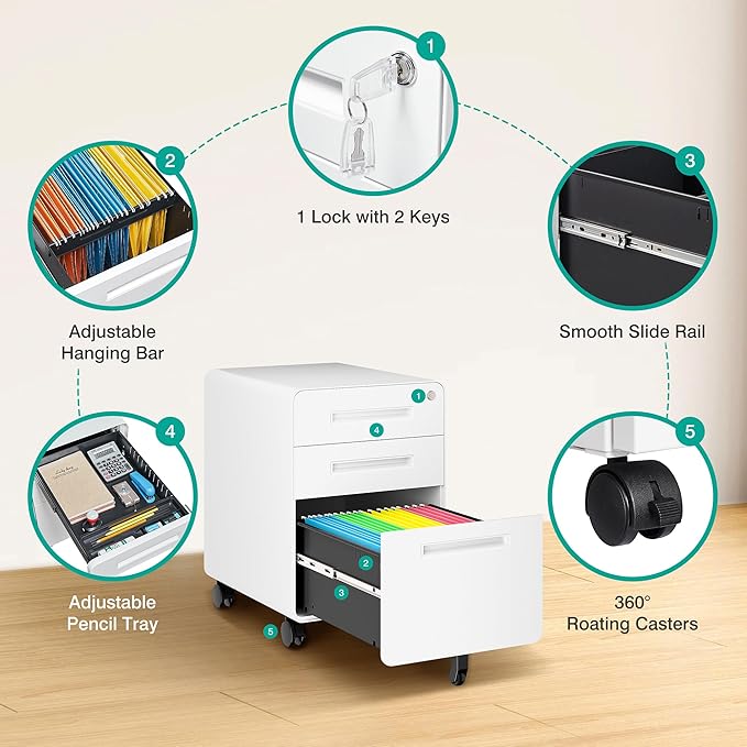 3 Drawer File Cabinet with Lock,Under Desk File Cabinet,White Rolling File Cabinets,Three Drawer Filing Cabinets for Home Office with Wheels,Fit A4/Letter/Legal File,Fully Assembled Except Casters
