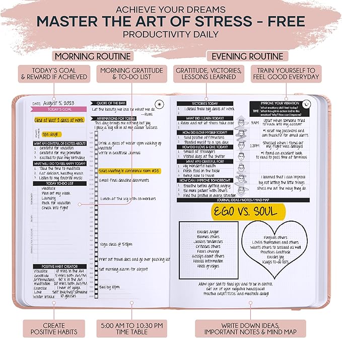 Self Care Journal & ADHD Planner for Adults - 5 Minute Journal, A 90 Days Planner, Creating Your Dream Life, Increase Productivity & Happiness, Vision Board, Guided & Gratitude Journal - Undated