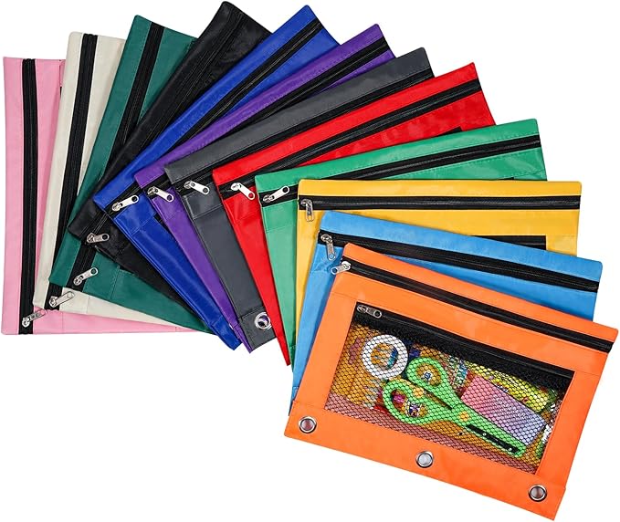 12PCS Pencil Pouches for 3 Ring Binder, 10"x7.5" Zippered Binder Pouch, Double Layer Clear PVC & Mesh Pencil Bags, 12 Colors (2 Each) for School, Office, Travel & Home Organization