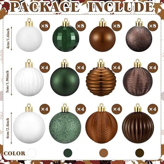 64 Pcs Neutral Christmas Ball Ornaments Brown Green White Xmas Bulbs Ornament 1.6/1.97/2.4 Inch Vintage Xmas Baubles Assorted Size Modern Christmas Decoration for Tree Holiday Indoor Home Decor
