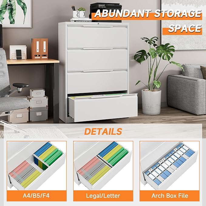 File Cabinet, 4 Drawer Metal File Cabinet with Lock, Lateral File Cabinet for Home and Office, Lateral File Cabinet for A4 Legal/Letter Size, Assembly Required (White, 4 Drawer)
