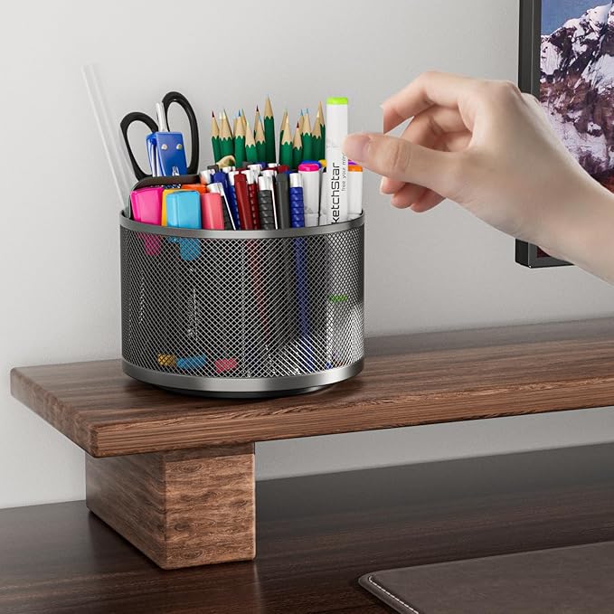 LUCYCAZ 360 Rotating Metal Pencil Pen Holder for Desk, Rotating Pencil Cup with 5 Slots, Dual-Purpose Desk Pen Organizer for Office, School, Home (Round)