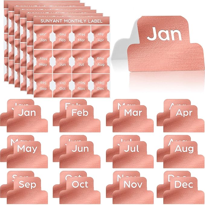 72 Pieces Adhesive Monthly Planner Tabs Monthly Index Stickers Decorative Label Calendar Stickers for Office Study Planner Journal Notebook Back to School Accessories(Rose Gold)