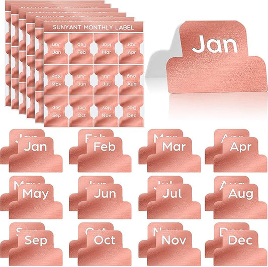 72 Pieces Adhesive Monthly Planner Tabs Monthly Index Stickers Decorative Label Calendar Stickers for Office Study Planner Journal Notebook Back to School Accessories(Rose Gold)