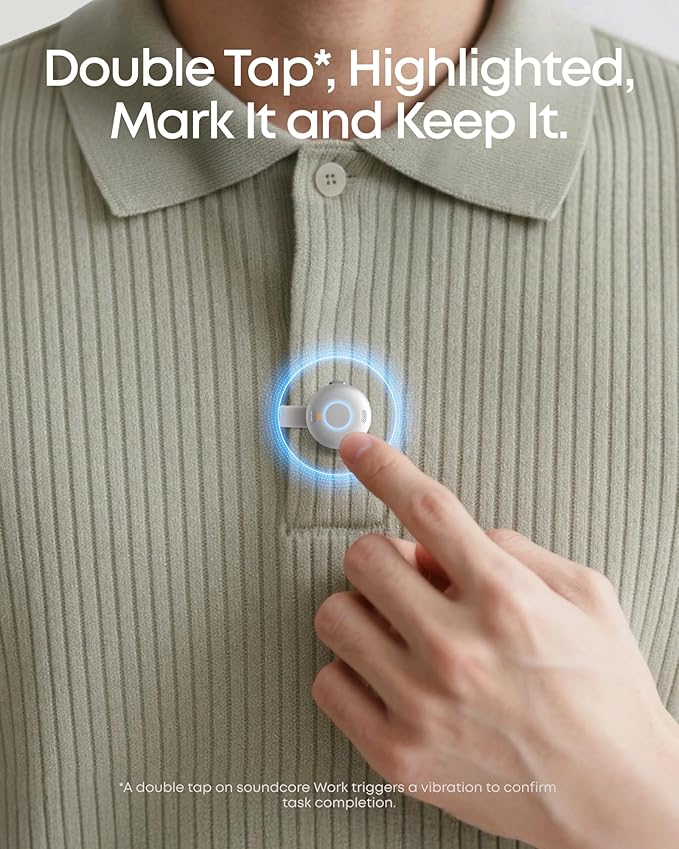 soundcore Work by Anker Portable AI Voice Recorder, AI Transcription & Summarization, 6-Month Pro at No Charge, Cross-Meeting Summary, Double-Tap to Mark, MFi Certified, Privacy Protection(White)