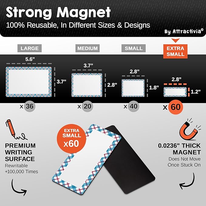 Erase Magnetic Labels 2.8 x 1.2 in, Pattern Borders, Dry Erase Magnets, 60-Pack, White Erasable Write-On All-Purpose Labels, for Office, Education, Home, Whiteboard, Magnetic Name Tags