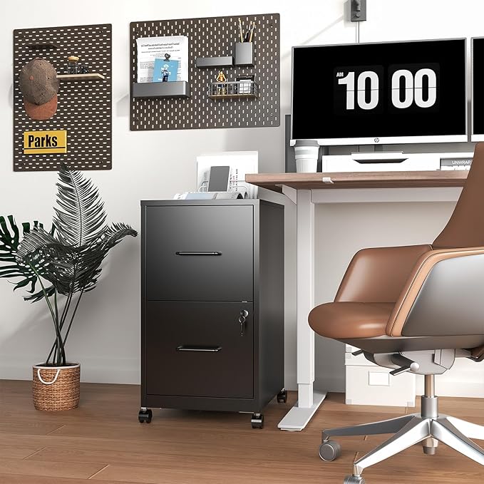 2 Drawer File Cabinet with Lock,Small Rolling Metal Office Storage Mobile Filing Cabinet with Wheels Under Desk,Vertical Locking File Cabinets for Home Office,Required Assembly,White