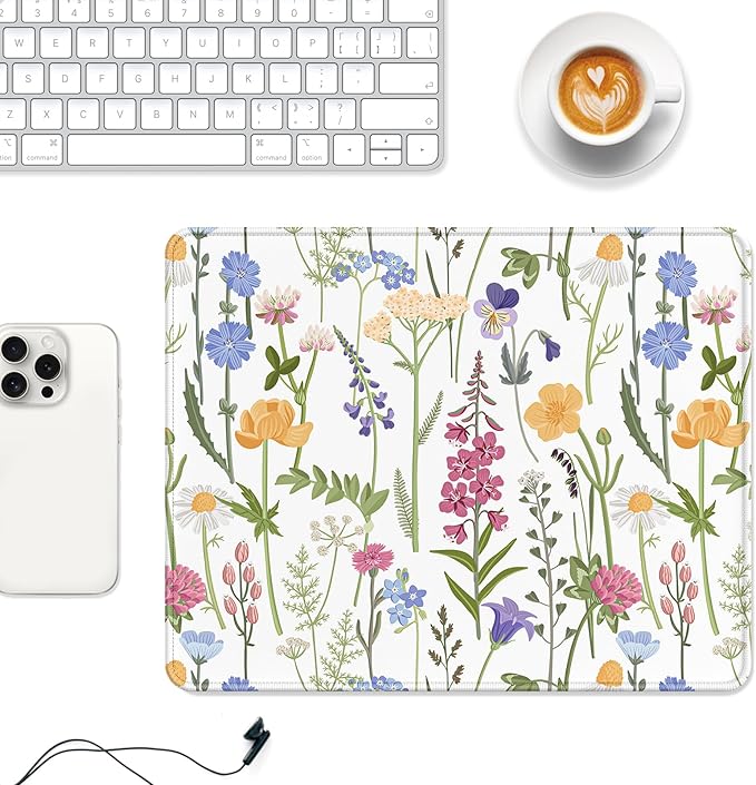 Auhoahsil Mouse Pad, 12 x 10 in Simple Flower Theme Computer Mouse Pad for Desk, Premium-Textured Non-Slip Rubber Stitched Edges Waterproof Square Mouse Mat for Gaming Work Wireless Mice, White
