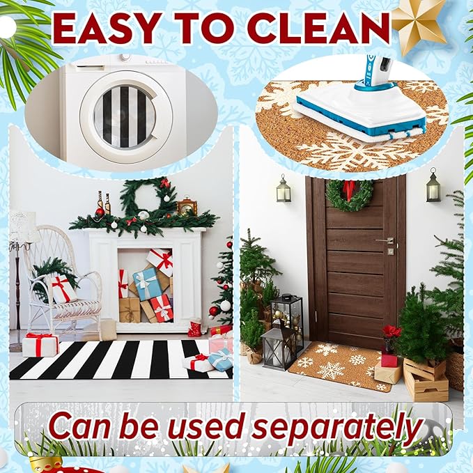 2 Pcs Christmas Door Mat Outdoor Winter Snowflake Nature Coir Welcome Outdoor Rug Black White Stripe Winter Christmas Front Porch Rugs Non Slip Floor Mats Indoor Entrance Decor