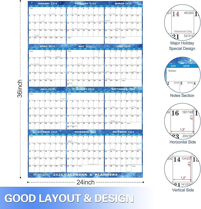 24" x 36" 2026 Wall Calendar Erasable Starry Sky, Wet & Dry Erase Large Laminated Annual Yearly Planner - 12 Month Horizontal/Vertical Calendar January to December for Easy Planning, Organizing