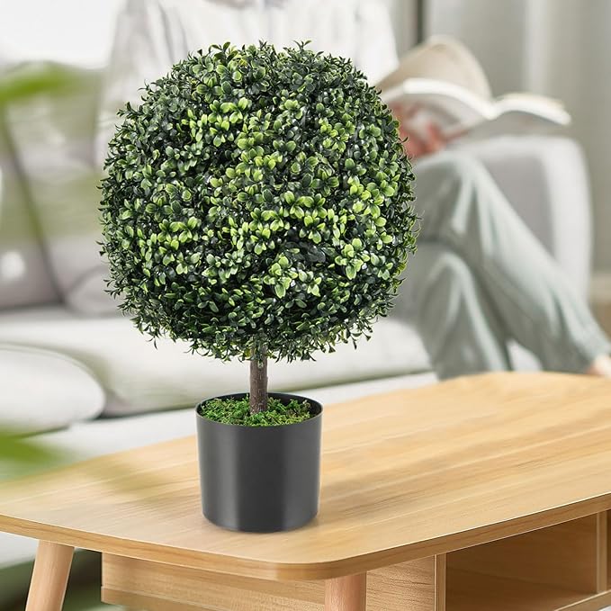 Goplus 22” Artificial Boxwood Topiary Ball Tree, Set of 2 Faux Potted Plants Artificial Shrubs Bushes with Cement Pot, Fake Evergreen Artificial Topiary for Indoor Outdoor Home Front Porch Decor