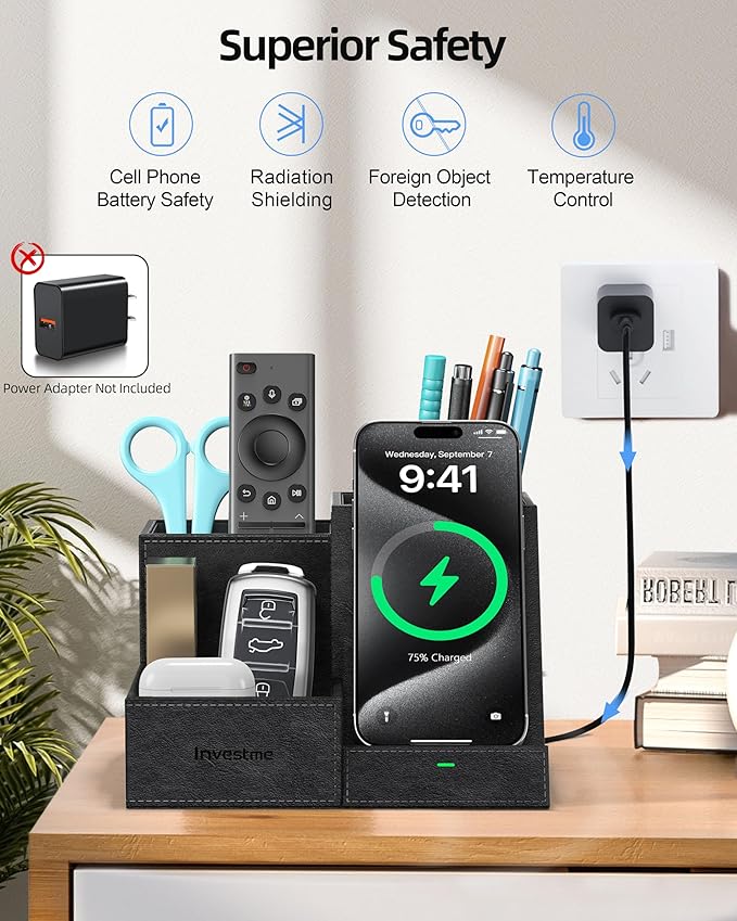 Wireless Charger with Desk Organizer, Pen Pencil Holder, Multifunctional Desktop Organizer, Office Supplies and Desk Accessories Organizer with 3 Compartments and 1 Phone Stand, PU Black