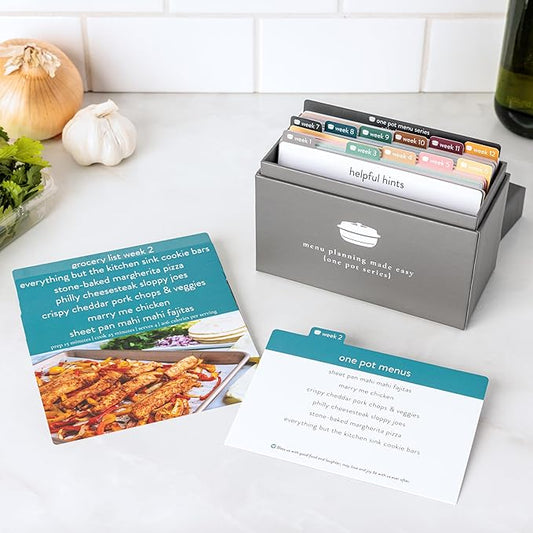 One Pot Meal Planner with 72 Recipe Cards (Photo Edition) - Weekly Menu Plans | Sturdy Recipe Box | 12 Reusable Grocery Shopping Lists | 5 Blank Recipe Cards | Recipe Card Protector | Recipe Ideas