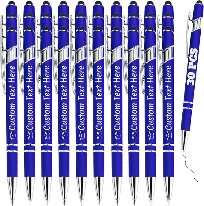Personalized Pens Bulk 30 with Name Custom Engraving Ballpoint Pens with Stylus Tip Customized Smooth Writing Pens Personalized Gifts for Anniversary Birthday or Graduation(Blue,Black Ink)