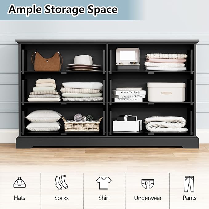 6 Drawer Dresser for Bedroom, 53" Wide Wooden Chest of Drawers, Rustic Farmhouse Dresser with Large Drawers & Metal Handles, Modern Storage Organizer for Closet, Living Room, Hallway, Black