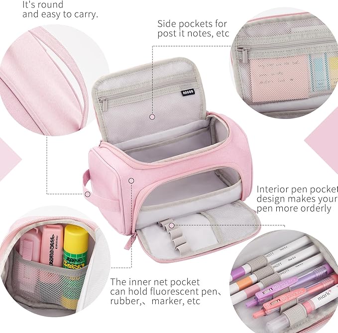 HVOMO Big Capacity Pencil Case High Large Storage Pouch Marker Pen Case Travel Simple Stationery Bag School College Office Organizer for Teens Girls Adults Student（Pink）