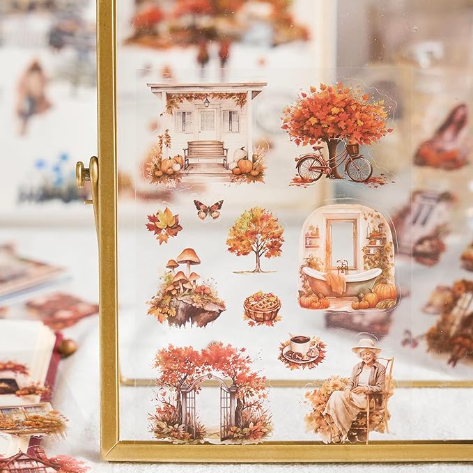 Snycler 20 Sheets PET Stickers - Vintage Journaling, Scrapbooking Supplies, DIY Craft Stickers for Junk Journals, Ephemera Sticker Book, Seasonal Themes (Autumn), Pre-Cut Designs