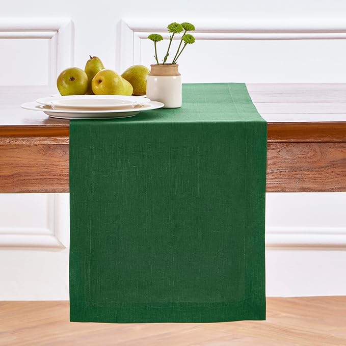 Solino Home Linen Pine Green Table Runner 108 Inches Long - 100% Pure Linen 14 x 108 Inch Table Runner for Fall, Autumn, Thanksgiving, Christmas - Fete