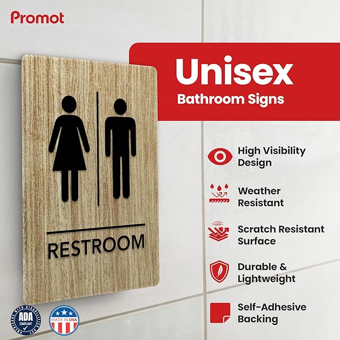 Promot Unisex Bathroom Sign – ADA Braille Restroom Sign for Business, Self-Adhesive, 9" x 6", Commercial Door Signage, Office Wall Decor - Almond