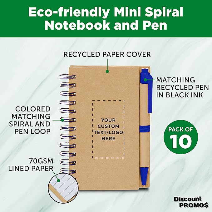 Custom Mini Spiral Notebooks with Black Ink Pens Set of 10, Personalized Bulk Pack - Perfect for School, Office, Business, Home - Blue