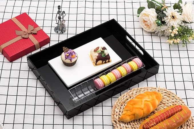 Glossy Black Sturdy Acrylic Serving Tray with Handles - 10x15 Inch, Coffee, Appetizer, Breakfast Tray - Butler, Kitchen to Vanity Table, Decorative