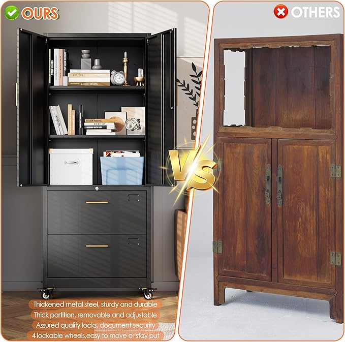 Aobabo Metal 2 Drawers Lateral File Storage Cabinet and Unit Adjustable Shelf Organizer, 2 Door Storage Office Steel Files Cabinet with Wheels, Legal/Letter A4 Size, Assembly Required, Black