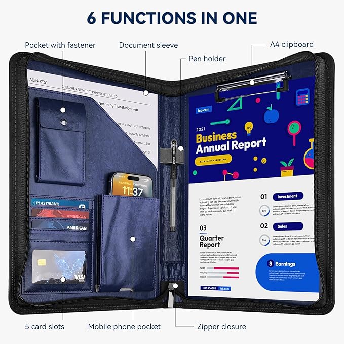 Zippered Padfolio Organizer, WRIYES Leather Planner Binder, 10.2 Inch Portfolio Folder for Documents, Letter Size Business Card Holder for Men&Women (Blue)