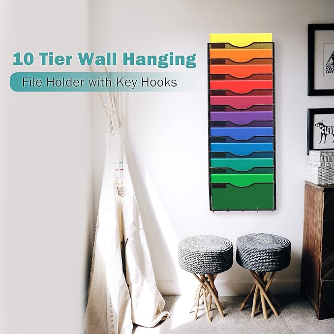 10-Tier Wall Mounted Hanging File Organizer Metal Mesh Wall Organizer Wall File Holder Magazine Rack for Office Classroom Organization